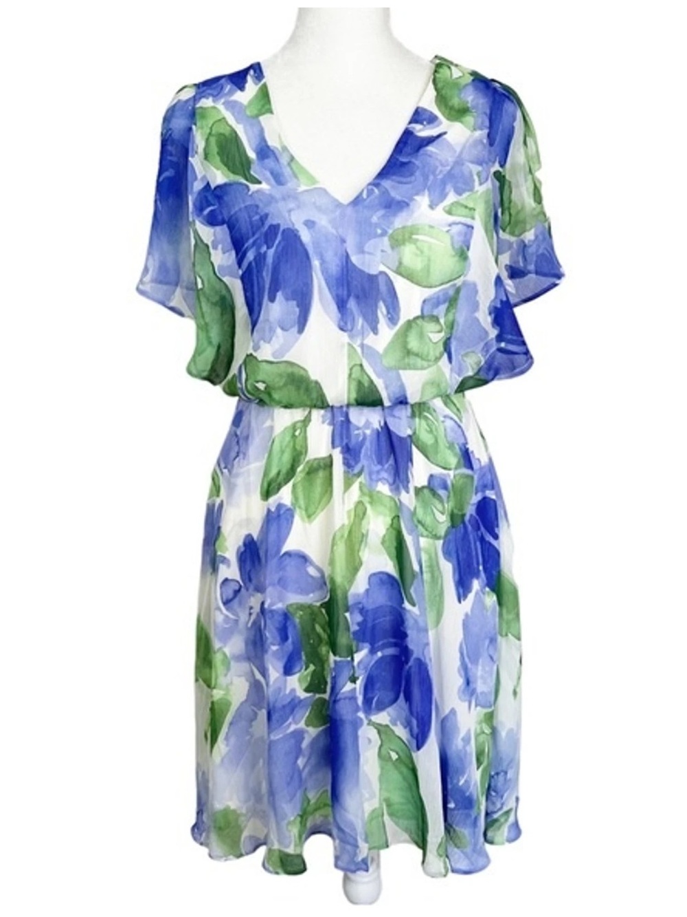 DKNY Floral V-Neck Smocked Waist Flutter Sleeveless Dress Women’s Size 2 - Picture 2 of 16